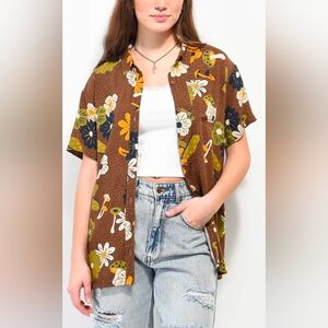 Dravus Seek The Unknown Floral/Mushroom Brown Button-Up Shirt Size XS
